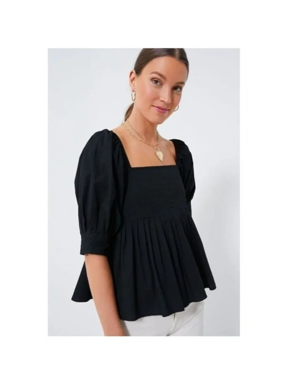 Pomander Place by Tuckernuck Black Shaye Blouse size L NWT Puff Sleeve Pleated